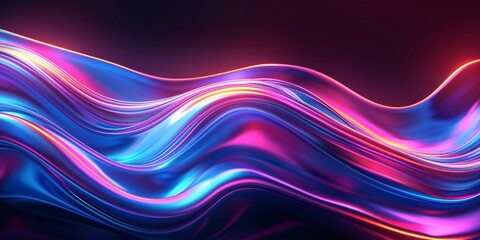 A vibrant, neon wave of light cascades against a black backdrop, creating a mesmerizing display of colors and patterns - obrazy, fototapety, plakaty
