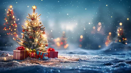 Foto op Canvas Christmas tree with colorful lights and presents on snow in winter night landscape © Afaq