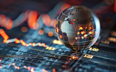Globe is sitting on computer screen with lot of numbers and lines. Globe is surrounded by lot of data and it seems to be representation of world's economy