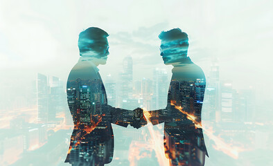 Business handshake with digital background of business people and technology, double exposure - obrazy, fototapety, plakaty