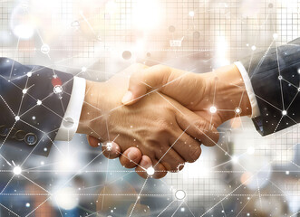 Business handshake with digital background of global network and financial chart, business collaboration concept