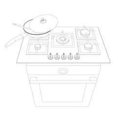 Contour of gas stove and hood. Outline oven vector illustration on white background. Vector illustration Stainless oven for cooking. Front view.