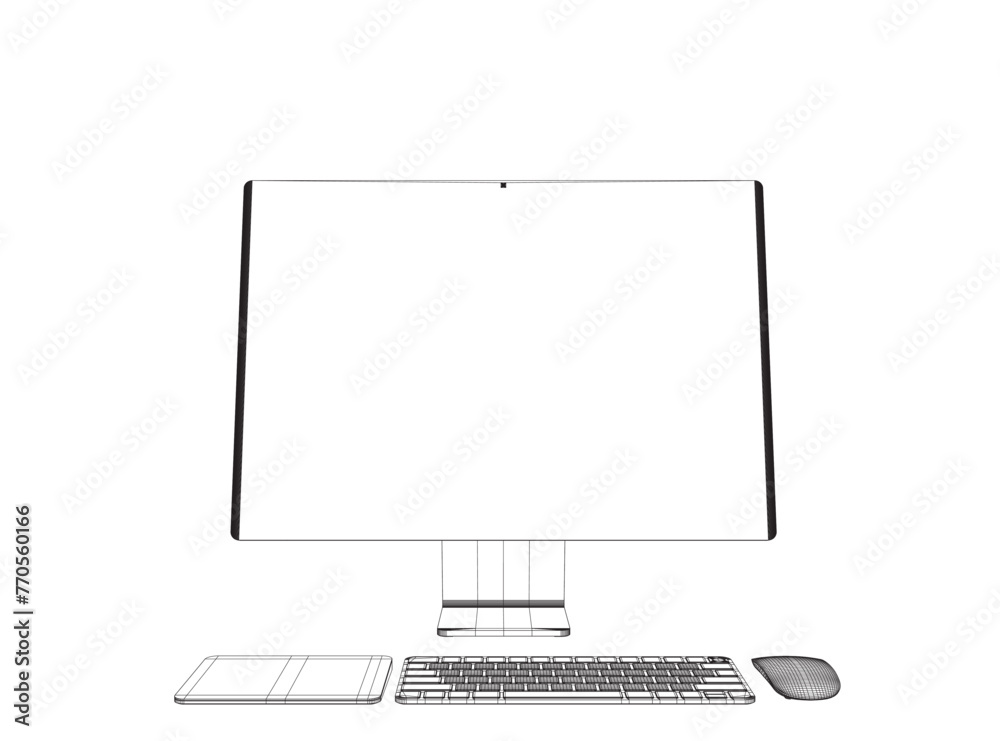Poster monitor pc mockup. wireframe thin frame monitor or pc with mouse and keyboard isolated on white back