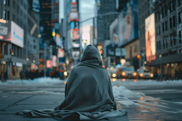 Samotny mężczyzna w kapturze siedzący zimą w dużym mieście - 770560140