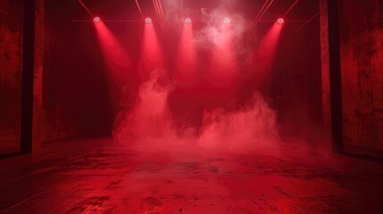 The dark stage shows, dark red background, an empty dark scene, neon light, and spotlights The concrete floor and studio room with smoke float up  for display products - generative ai