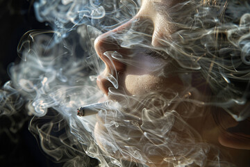 Kobieta paląca papierosa w chmurze dymu