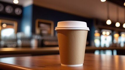 Craft paper disposable cup on table against the background of blurred bar. Takeaway coffee.