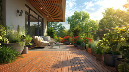 A wooden deck with flowers and wicker sofa