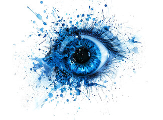 Abstract blue eye ball explosion, isolated on white background, detailed illustration in the style of professional color grading