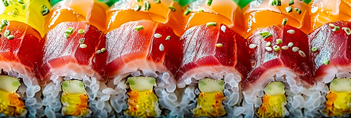 Fototapeta na wymiar Culinary Art: An Assortment of Sushi, Displaying the Harmony of Flavors and Textures in Japanese Cuisine