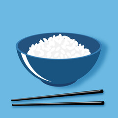 Rice bowl with chopsticks on blue background vector.