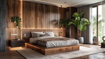 Beautiful bedroom interior with king size bed wooden headboard,Luxury Beige Bedroom with Walk-in Closet and Bathroom,Contemporary Bedroom Interior Design Luxurious Home Bedroom