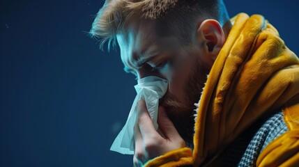 A young man in a yellow jacket is blowing his nose due to flu symptoms