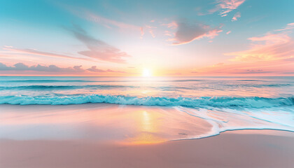 A breathtaking sunrise over a calm sea with pastel skies reflecting on the wet sand, embodying tranquility and the beauty of nature. - obrazy, fototapety, plakaty