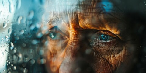An aging womans face is visible through a rain-covered window