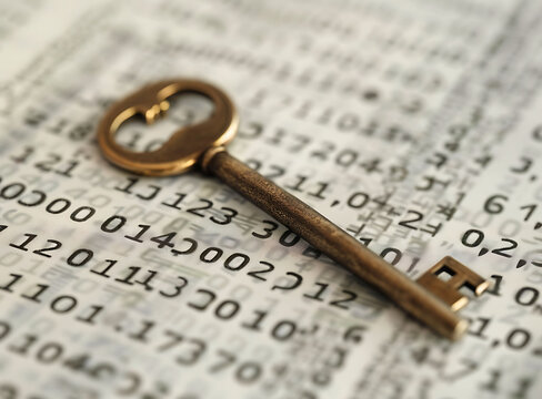 A closeup of an old-fashioned brass key lying on top of a sheet filled with numbers and code, 
