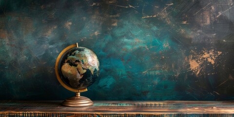 A realistic painting of an Earth globe resting on a wooden table, set against a clean blue banner background - obrazy, fototapety, plakaty