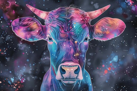 Psychedelic Cosmic Cow, Abstract Space Illustration, Neon Galaxy Artwork