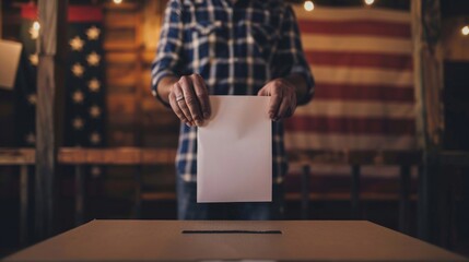A person standing, holding a piece of paper in front of an American flag. In the foreground is the voting box