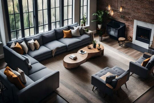 High angle view of living room with comfortable sofas and coffee table