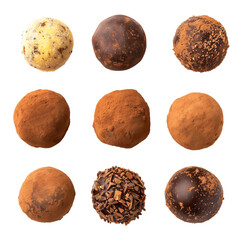 Handcrafted gourmet truffles dusted with fine cocoa powder, displayed elegantly, isolated on transparent background. - obrazy, fototapety, plakaty
