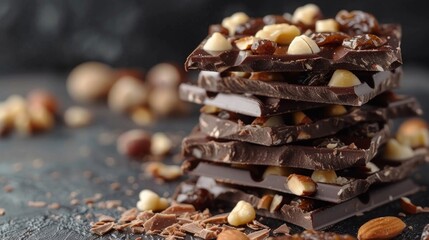 A stack of dark chocolate topped with nuts sits on a wooden table - 770562980