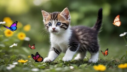 Cats playing with butterflies in garden