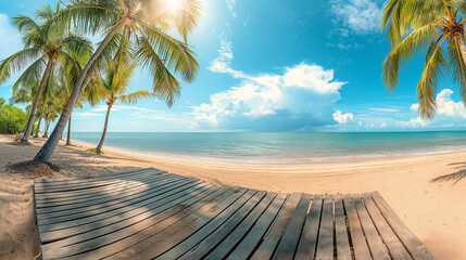 summer panoramic landscape, nature of tropical beach with wooden platform, sunlight. Golden sand...