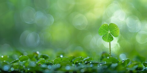 A dew-kissed four leaf clover stands out on a vibrant green field