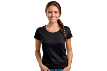 PNG of a female model wearing a black short sleeve t-shirt isolated on a transparent background. Black short sleeve t-shirt on white background.