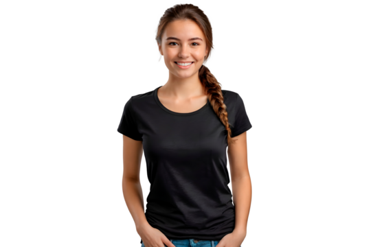 PNG of a female model wearing a black short sleeve t-shirt isolated on a transparent background. Black short sleeve t-shirt on white background.