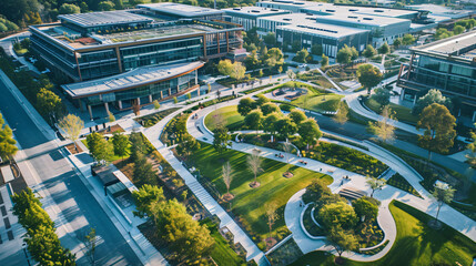 An aerial view of a large corporate campus bustling with employees and green spaces. - obrazy, fototapety, plakaty