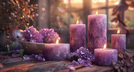 Several purple candles are arranged closely together on a wooden table