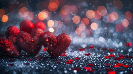 A group of shiny red hearts placed on top of a table, creating a charming display - obrazy, fototapety, plakaty