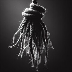 A frayed rope knot hangs against a dark backdrop, symbolizing tension and release. Its unraveling strands convey a sense of fragility and the passage of time. AI generation - obrazy, fototapety, plakaty