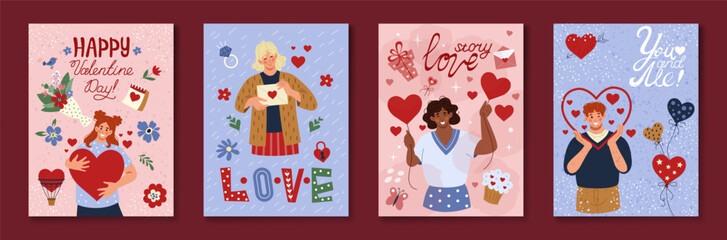 Day love, 14 February. Greeting card or posters design. Romance heart, romantic gift woman. Cute watercolor pattern, flower spring, happy cartoon men and women sent letter. Vector tidy background