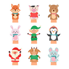 Cartoon vector icon isolated on white background theater puppets. Hands puppets play doll, cute and funny animals. Dolls from socks on hands and fingers toys for kids vector funny characters.
