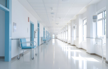 Naklejka na ściany i meble Long white hospital corridor with rooms and seats, empty acciden