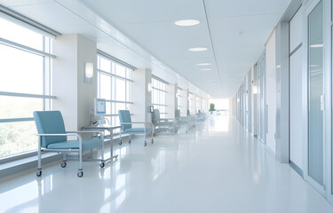 Naklejka na ściany i meble Long white hospital corridor with rooms and seats, empty acciden