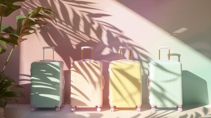 Obraz premium A group of three modern suitcases placed beside a potted plant in a minimalist setting
