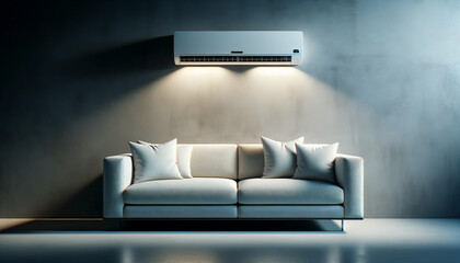 Air Conditioner Sleek Over Plush Modern Couch in a Serene Minimalist Interior