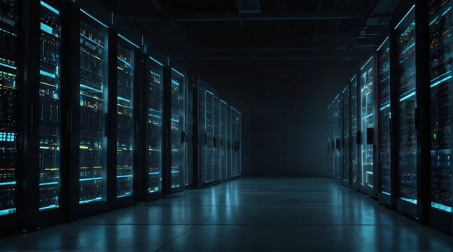 Modern Data Technology Center Server Racks in Dark Room with VFX. Visualization Concept of Internet of Things, Data Flow, Digitalization of Internet Traffic. Complex Electric Equipment Warehouse