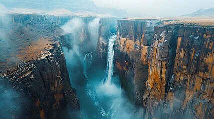 An aerial view of a powerful waterfall plunging into a deep canyon mist rising around it. - obrazy, fototapety, plakaty