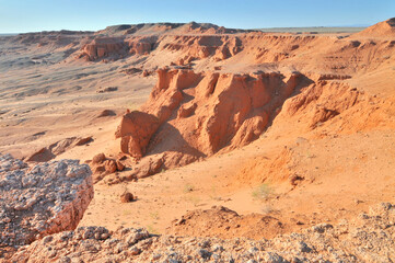 View on Bayanzag Flaming Cliffs  on the Mongolian Gobi desert containing fossils of jurassic...