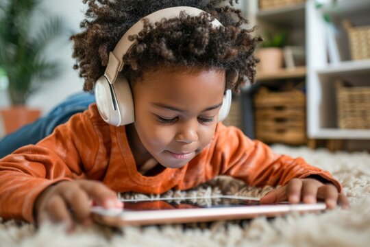 african preschool child using tablet with headphones, black little kid watching cartoon, playing game or learning on a digital device, toddler screentime usage concept