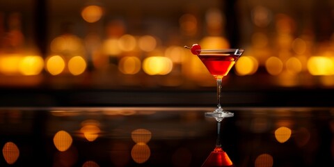 A red cocktail elegantly placed on top of a table at a cocktail bar