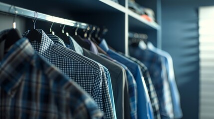 A close-up of various mens shirts neatly arranged and hanging on a rack