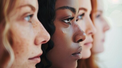A group of women with diverse complexions standing next to each other - obrazy, fototapety, plakaty