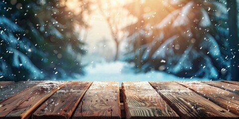 A dark wooden table with snow falling gently on its surface