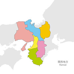 関西地方、関西地方の各県の地図、カラフルで明るい